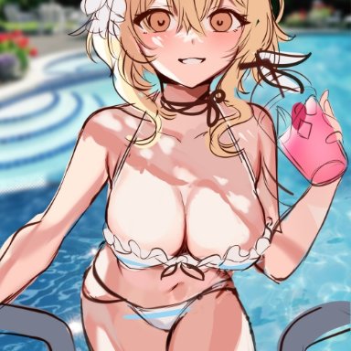 genshin impact, lumine (genshin impact), squchan, belly, belly button, big breasts, bikini, blonde hair, breasts, drink, flower in hair, golden hair, large breasts, smile, sunglasses