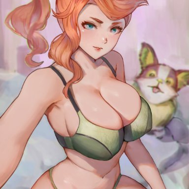 nintendo, pokemon, pokemon ss, sonia (pokemon), yamper, sayanestia, 1girls, alternate breast size, bed, bra, breasts, cleavage, green eyes, looking at viewer, orange hair