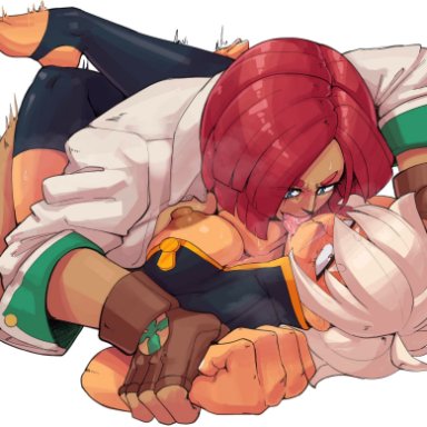 blazblue, guilty gear, bullet (blazblue), giovanna (guilty gear), nudiedoodles, 1futa, 1girls, all fours, bottomless, clothed, clothing, dark-skinned female, dark-skinned futanari, dark skin, duo