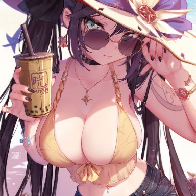 genshin impact, mona (genshin impact), mitsu art, 1girls, alternate breast size, beach, black hair, booty shorts, breasts, cleavage, drink, female, female only, green eyes, hat