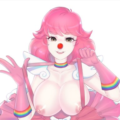 ace attorney, geiru toneido, m000, areolae, choker, clown girl, clown nose, gloves, large breasts, looking at viewer, pink hair, topless, white background