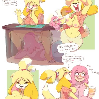 animal crossing, nintendo, isabelle (animal crossing), villager (animal crossing), rainbowscreen, alcohol, alcoholic drink, anthro, bell, beverage, blood, blush, bodily fluids, breast rest, breast squish