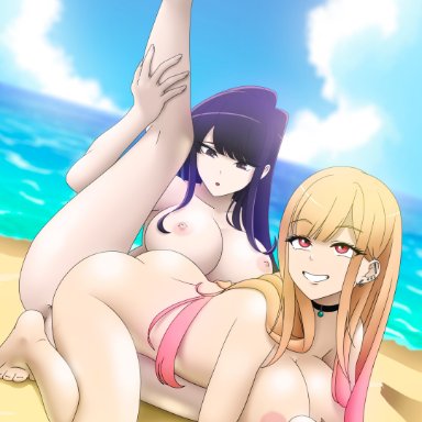 komi-san wa komyushou desu, sono bisque doll wa koi wo suru, kitagawa marin, kitagawa marin (cosplay), komi shouko, drakonaskar, beach, big ass, big breasts, big butt, cosplay, crossdressing, nude, scissoring, summer