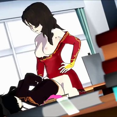 rwby, blake belladonna, cinder fall, kaliethva, lamiava, sfmslayer, 1futa, 1girls, audible creampie, bent over, bottomless, clothed, clothing, cum in pussy, cum inside