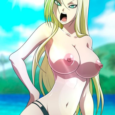 dragon ball, dragon ball super, dragon ball z, android 18, oldhorrorz, 1girls, beach, big breasts, bikini, bikini top removed, blonde hair, blue eyes, breasts, female, green eyes