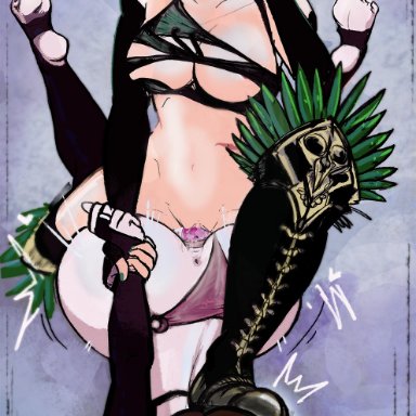 namco, soul calibur, seong mi-na, tira, panzerlad, 1boy, 2girls, anus, ass, assertive, assertive female, assertive male, big breasts, biting lip, blush