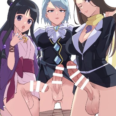 ace attorney, capcom, gyakuten saiban, karuma mei, maya fey, mia fey, yu11ma11, 3futas, :o, ;), balls, bangs, big breasts, big penis, black hair