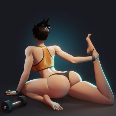 overwatch, tracer, breadblack, 1girls, ass, female, female only, freckles, huge ass, human, on ground, solo, solo female, stretching, thick thighs