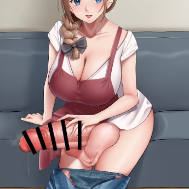 takuya t, 1futa, ball squish, balls, balls on leg, big breasts, blonde hair, blue eyes, breasts, cleavage, clothed, clothing, erection, futa only, futanari