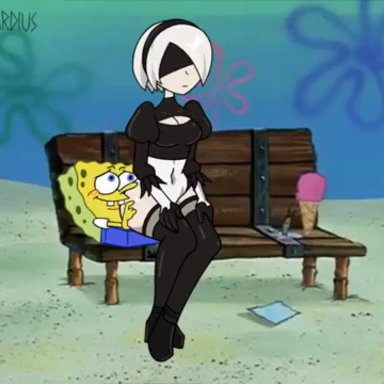 nier: automata, spongebob squarepants, plankton (character), yorha 2b, drbastardius, 1girls, asshole, facesitting, funny, mating press, moaning, sex, vaginal penetration, 2d, animated