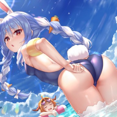 hololive, hololive fantasy, kiryu coco, usada pekora, miko no kamiko, 2girls, :o, adjusting clothes, adjusting swimsuit, animal ear fluff, animal ears, ass, back, bare shoulders, blue hair