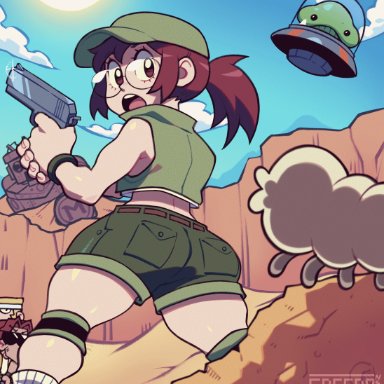 metal slug, fio germi, speedosausage, 1girls, 2boys, acid, ass, brown eyes, brown hair, disappearing clothes, embarrassed, embarrassed nude female, enf, forced nudity, glasses