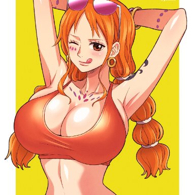 one piece, one piece film red, nami, yohkn3, belly button, big breasts, braided hair, breasts, crop top, earrings, female, female only, hands behind head, huge breasts, large breasts