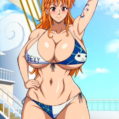 one piece, shounen jump, nami, naruho, 1girl, big breasts, bikini, brown eyes, flower in hair, huge breasts, large breasts, navel, orange hair, tattoo, tagme