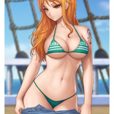 one piece, nami, flowerxl, big breasts, bikini, bikini bottom, breasts, jeans, lowered pants, nipples, nipples visible through clothing, orange hair, pants pull, pirate, see-through clothing