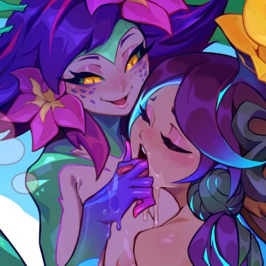 league of legends, lillia (league of legends), neeko, reagan long, 5 fingers, accessory, areola, bedroom eyes, blush, bodily fluids, breasts, closed eyes, drooling, duo, elemental creature