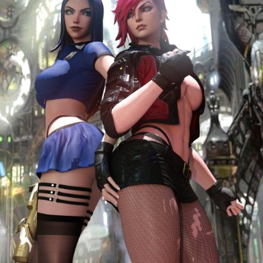 arcane, league of legends, arcane caitlyn, arcane vi, caitlyn kiramman, vi, johntwo, 2girls, athletic female, blue hair, canon couple, grabbing ass, human, muscular female, red hair