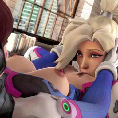 overwatch, d.va, mercy, toasted microwave, eating pussy, exposed breasts, exposed nipples, exposed pussy, hairy pussy, licking pussy, highres, video