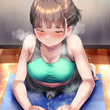 ayanakitori, 1futa, bangs, barefoot, big breasts, big penis, blush, breasts, brown hair, clothed, clothing, cum, cum in clothes, cum through clothes, cumshot