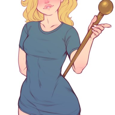 league of legends, luxanna crownguard, djcomps, fizzz, blonde hair, female, heart-shaped pupils, hips, looking at viewer, one eye closed, shirt only, staff