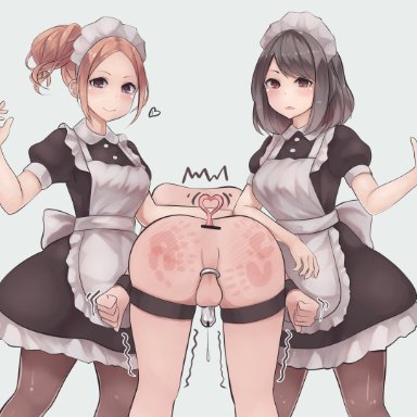 kikiu bd, 1boy, 2girls, background, bent over, buttplug, chastity, chastity cage, clothed female nude male, cock cage, femdom, maid, maid headdress, maid uniform, malesub