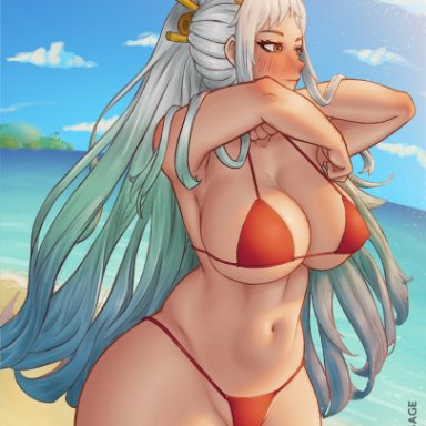 one piece, yamato (one piece), ecchisage, 1girls, beach, big breasts, bikini, blush, curvy, curvy figure, female, female only, horns, large breasts, long hair