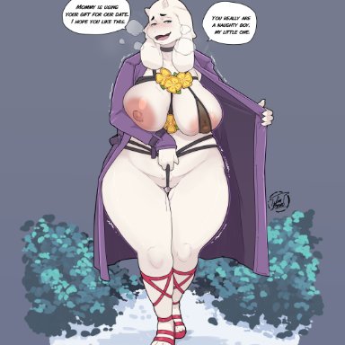 undertale, undertale (series), toriel, cumbread, age difference, animal humanoid, anthro, areola, areola slip, ass, big areola, big breasts, big butt, blue eyes, blush