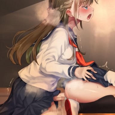 ayanakitori, 1futa, 1girls, black socks, black stockings, blonde hair, blush, boots, breasts, classroom, closed eyes, clothed, clothing, cum, cum inside