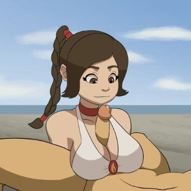 avatar the last airbender, ty lee, capy diem, 1boy, 1girl, avatar: the last airbender, avatar (series), beach, bikini, blue sky, braid, braided ponytail, breasts, brown eyes, brown hair