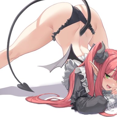 sono bisque doll wa koi wo suru, kitagawa marin, rizu-kyun (cosplay), apron, arched back, arm rest, ass, black footwear, black panties, demon, demon girl, demon horns, demon tail, demon wings, doyo0723