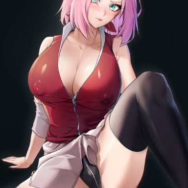 naruto, naruto (series), naruto shippuden, sakura haruno, olikkwak, 1girls, black legwear, black panties, breasts, cleavage, closed mouth, collarbone, covered erect nipples, forehead protector, green eyes