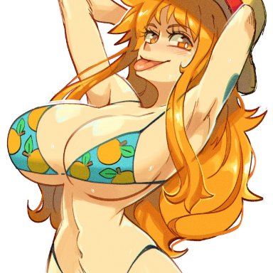 one piece, nami, gerph, 1girls, armpits, arms behind head, arms up, bangs, bare shoulders, big breasts, bikini, blush, breasts, cleavage, clothing