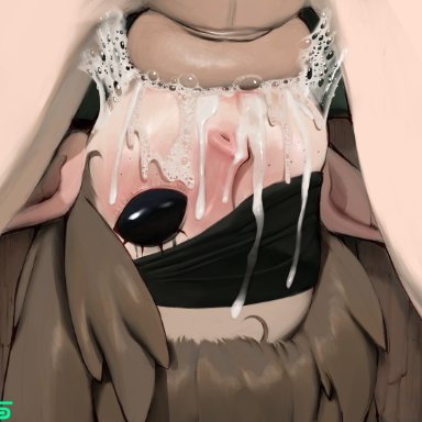 freya (foxygaming25), original character, lewdcactus, namespace, balls, black eyes, black sclera, blowjob, brown hair, cum, cum in mouth, cumming, deep blowjob, deep throat, deepthroat