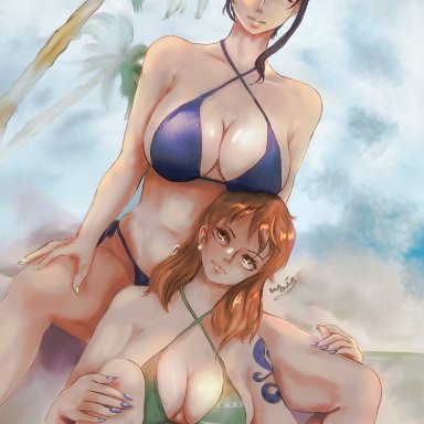 one piece, nami, nico robin, qaismelon, 2girls, abstract background, beach, between legs, big breasts, bikini, black hair, blue eyes, breasts, brown eyes, busty