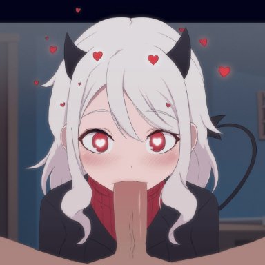 helltaker, modeus (helltaker), kamuo, athletic female, blowjob, demon girl, fellatio, floating hearts, heart-shaped pupils, horns, human, human penetrating, light-skinned male, looking at viewer, tail