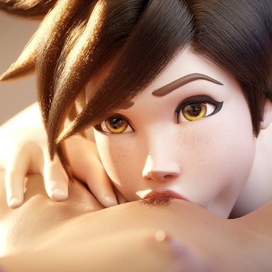 overwatch, sombra, tracer, fireboxstudio, 2girls, breasts, brown hair, close-up, dark-skinned female, dark skin, duo, female, female/female, female focus, female only