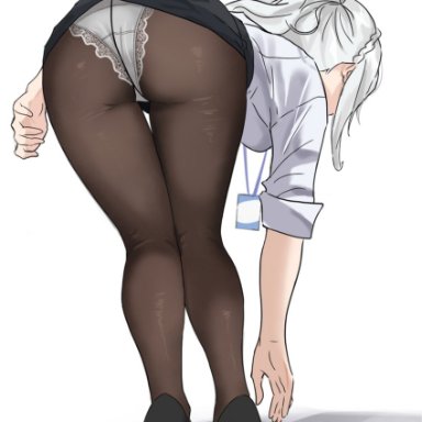 emilia (re:zero), artist request, alternate costume, alternate hairstyle, alternate outfit, ass, ass focus, back view, bangs, bending forward, bent over, black bottomwear, black footwear, black high heels, bottom view