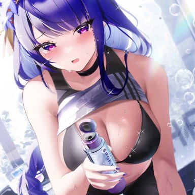 genshin impact, baal, ei (genshin impact), raiden shogun, sioconsole1, after workout, big breasts, breasts, huge boobs, huge breasts, large breasts, lifted shirt, purple hair, shirt up, sweat