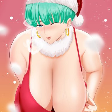 dragon ball, dragon ball super, dragon ball z, bulma briefs, pocox, areolae, asian, asian female, big breasts, blue eyes, blue hair, blush, dress, earrings, hanging breasts