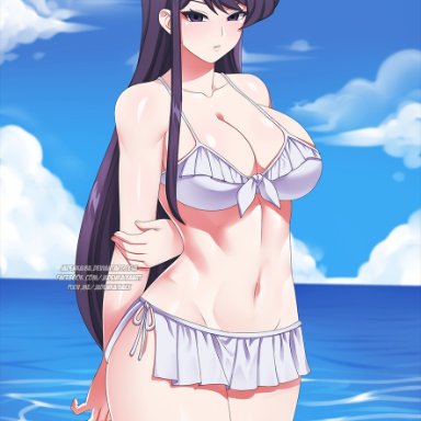 komi-san wa komyushou desu, komi shouko, jadenkaiba, 1girls, beach, bikini, black eyes, black hair, cleavage, large breasts, light-skinned female, looking at viewer, seaside