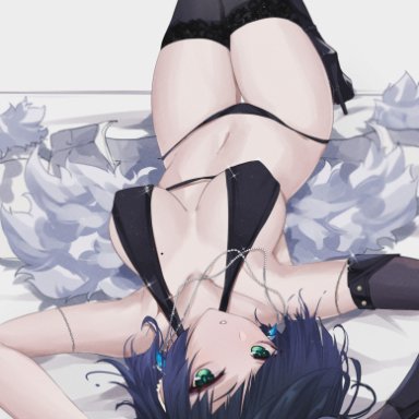 genshin impact, yelan (genshin impact), feint, armpits, arms up, beauty mark, beauty mark on breasts, big breasts, blue hair, earrings, glove, gloves, heels, high heels, huge breasts