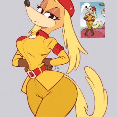 cuphead (game), pilot saluki (cuphead), mahmapuu, anthro, armband, belt, blonde hair, boots, bottomwear, breasts, canid, canine, canis, clothed, clothing