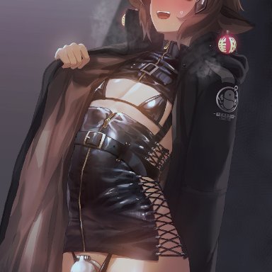 arknights, bison (arknights), mo ne, 1boy, :d, bangs, black bra, black dress, black jacket, blush, bra, brown eyes, brown hair, chastity cage, crossdressing