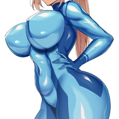 metroid, samus aran, zero suit samus, o voltz san, 1girls, ass, belly, belly button, big ass, big breasts, big butt, blonde hair, blue eyes, blue outfit, blue suit