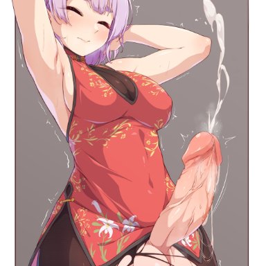 original, kujya, 1futa, armpits, arms up, balls, big balls, big penis, bodystocking, border, breasts, china dress, chinese clothes, closed eyes, clothed