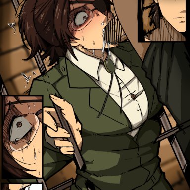 attack on titan, shingeki no kyojin, eren jaeger, hanji zoe, mark gavatino, black hair, blush, brown hair, cum, cum in mouth, cum in throat, eren yeager, fellatio, female, gag