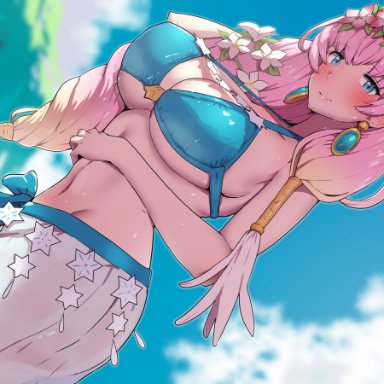 fire emblem, fire emblem heroes, nintendo, gunnthra (fire emblem), boris (noborhys), 1girls, alternate costume, bangs, bikini, blue bikini, blue eyes, blue swimsuit, blush, breasts, cleavage