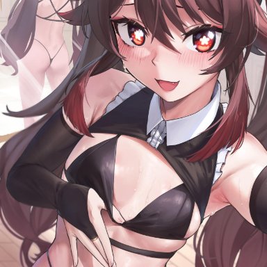 genshin impact, hu tao (genshin impact), lumine (genshin impact), padoruu, armpits, ass, back, back view, bare shoulders, bikini, black bikini, blush, breasts, brown hair, cute