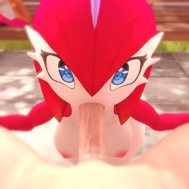 nintendo, pokemon, gardevoir, adriandustred, 1boy, 2girls, areolae, ass, blowjob, blurry background, bouncing breasts, breasts, busty, casual nudity, child bearing hips