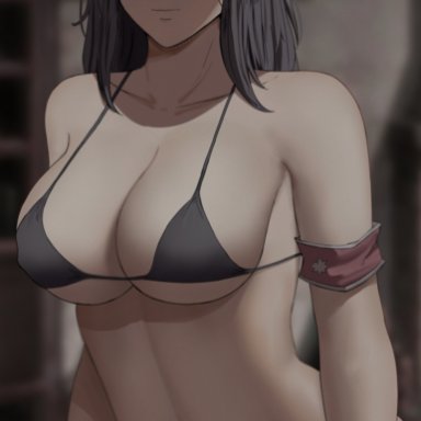 attack on titan, shingeki no kyojin, pieck finger, savagexthicc, 1girls, armband, big breasts, bikini top, black eyes, black hair, female, female only, large breasts, long hair, looking at viewer